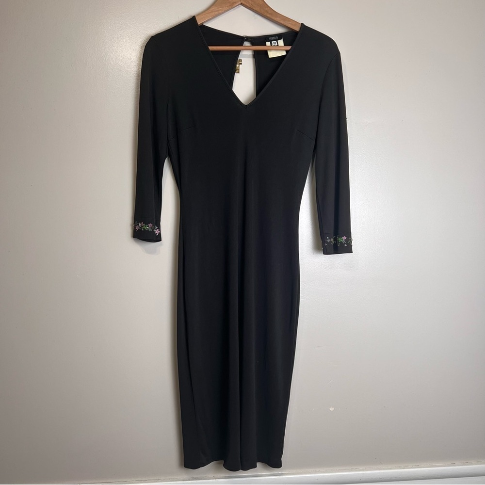 Versus Versace Vintage Black Midi Dress Embroidered Cuffs Size 28/42 (USA 6) GUC